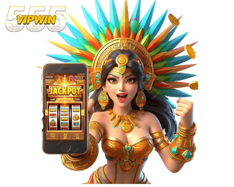 ภาพเทพีสวมมงกุฎสีทองถือสมาร์ตโฟนแสดงเกมสล็อต พร้อมเหรียญทองและสัญลักษณ์โชคลาภ